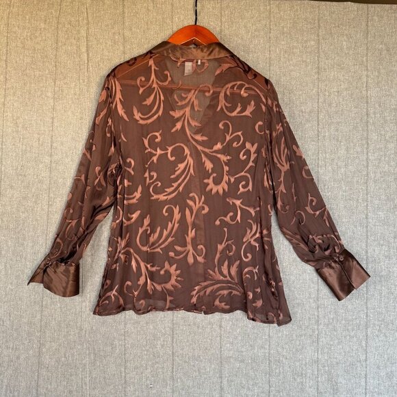 Victor Costa Occasion Brown Sheer Silk Satin Print Long Sleeve Tunic Top Size L - Picture 8 of 11